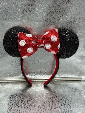 Disney Parks Minnie Mouse Sequin Headband Red Polka Dot Bow Black Sequined Ears